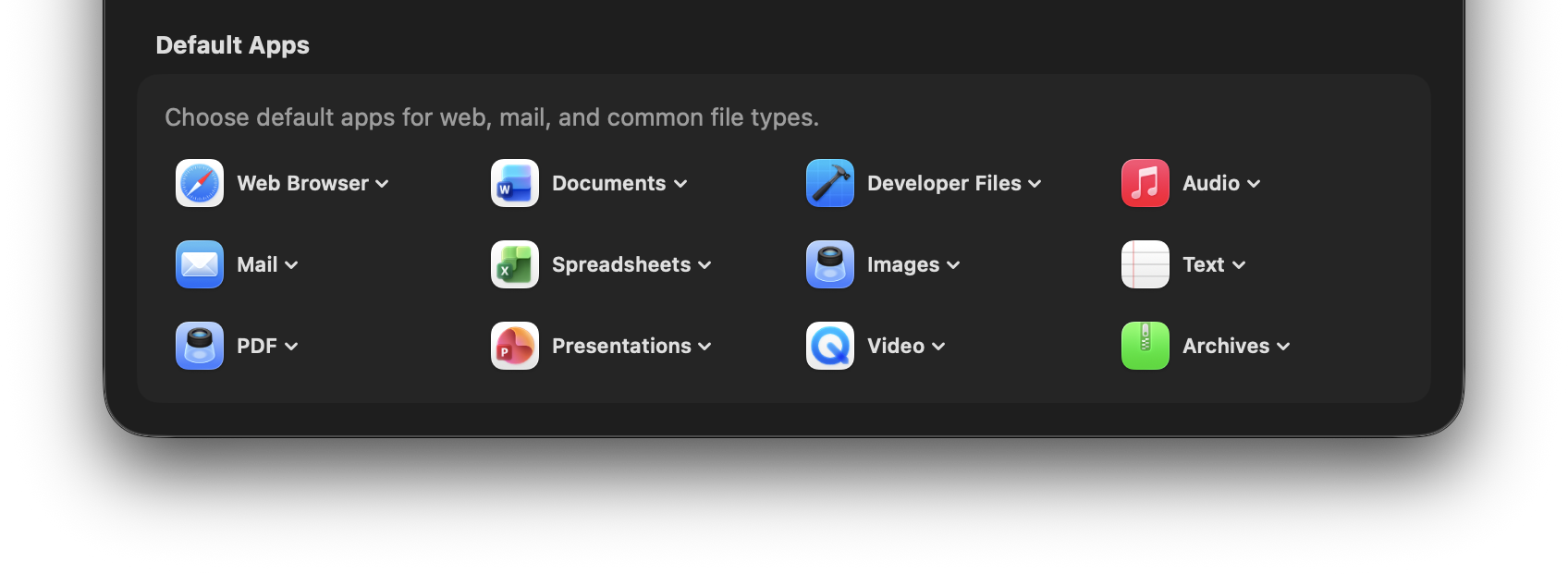 Screenshot: Dashboard default apps options