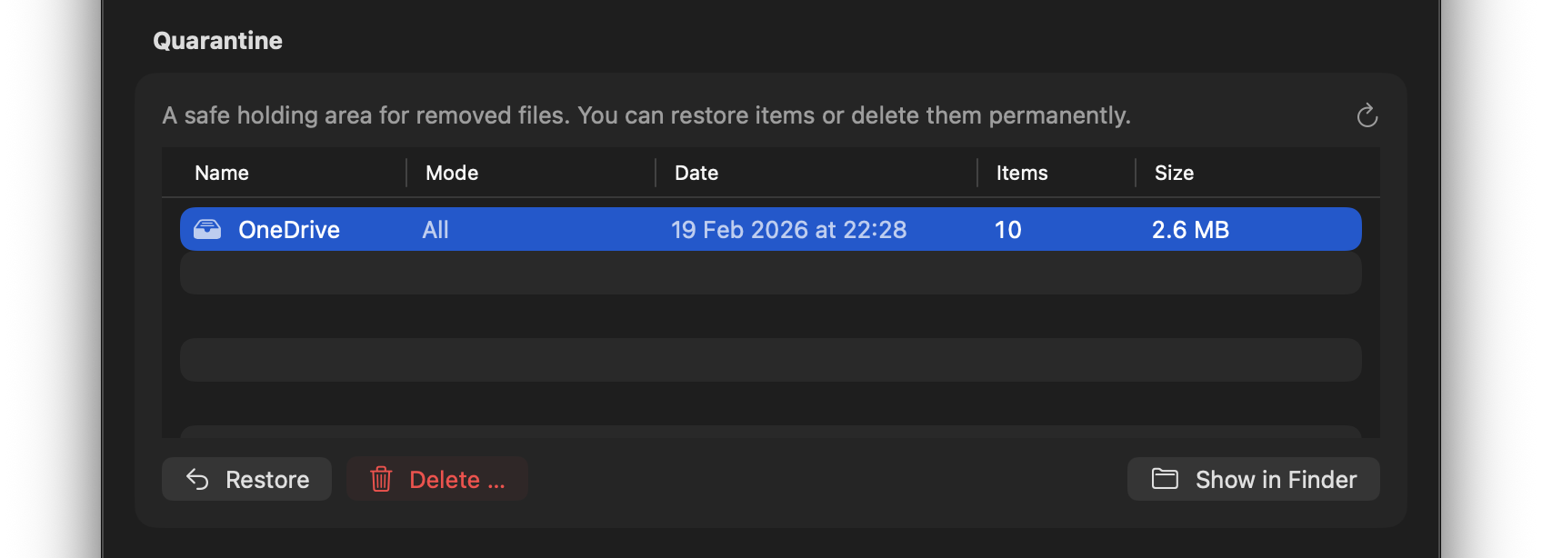 Screenshot: Dashboard with quarantine item