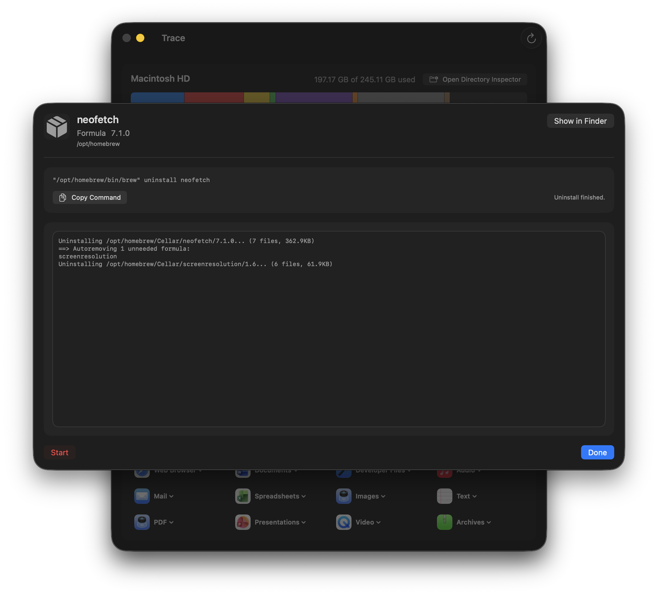 Screenshot: Homebrew uninstall dialog