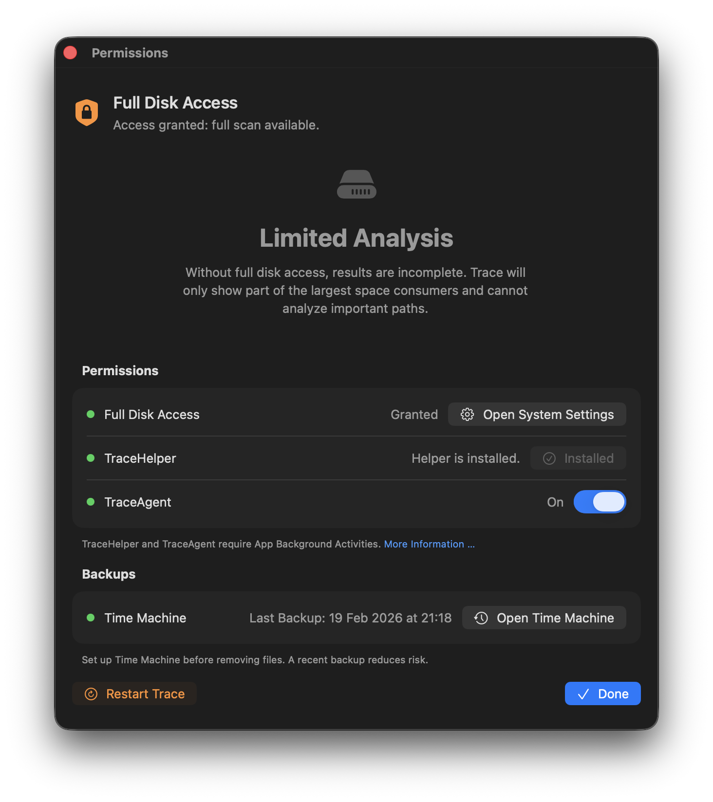 Screenshot: Full Disk Access, TraceHelper, and TraceAgent enabled.