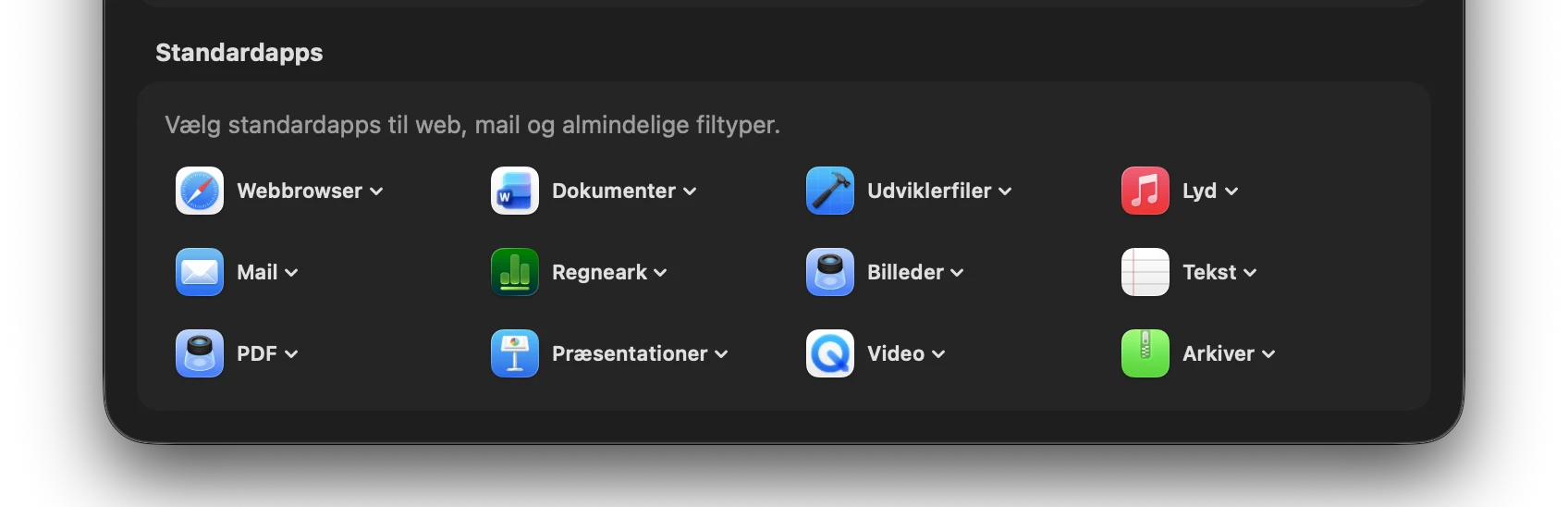 Screenshot: Dashboard-indstillinger for standardapps