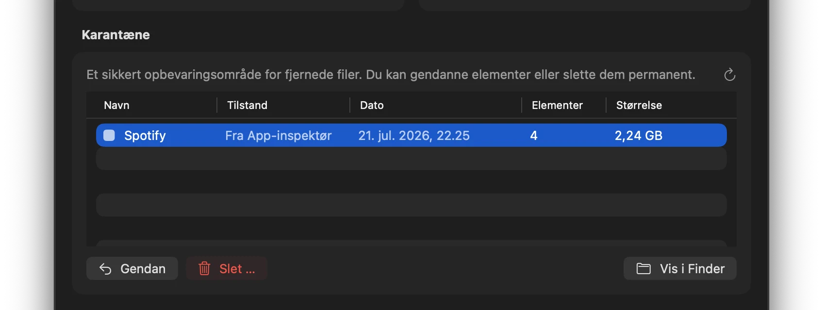 Screenshot: Dashboard med karantæneelement