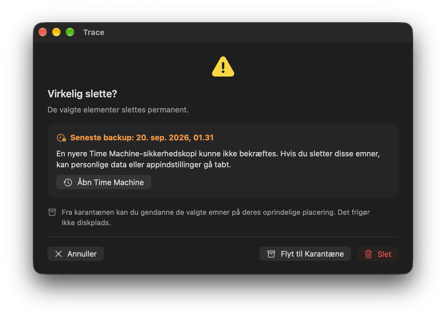 Advarsel ved en ældre Time Machine-backup