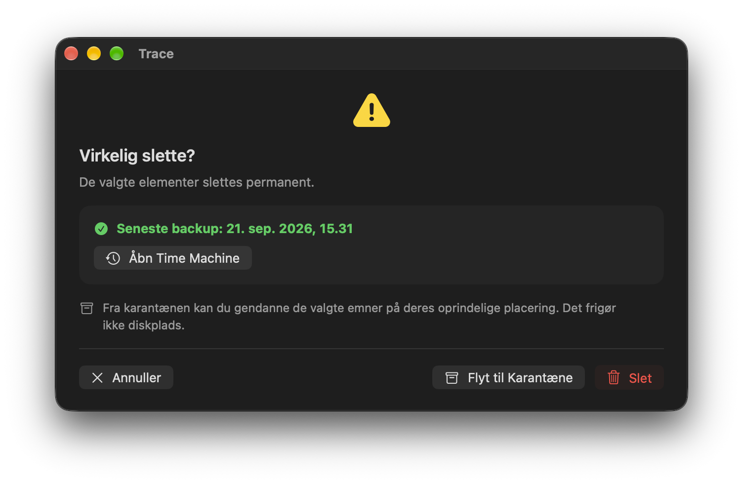 Bekræftelse med en aktuel Time Machine-backup