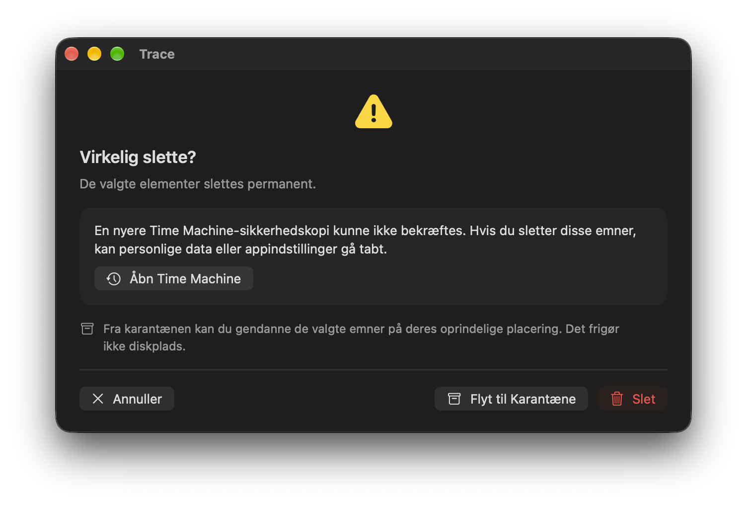 Advarsel, når en aktuel backup ikke kan bekræftes