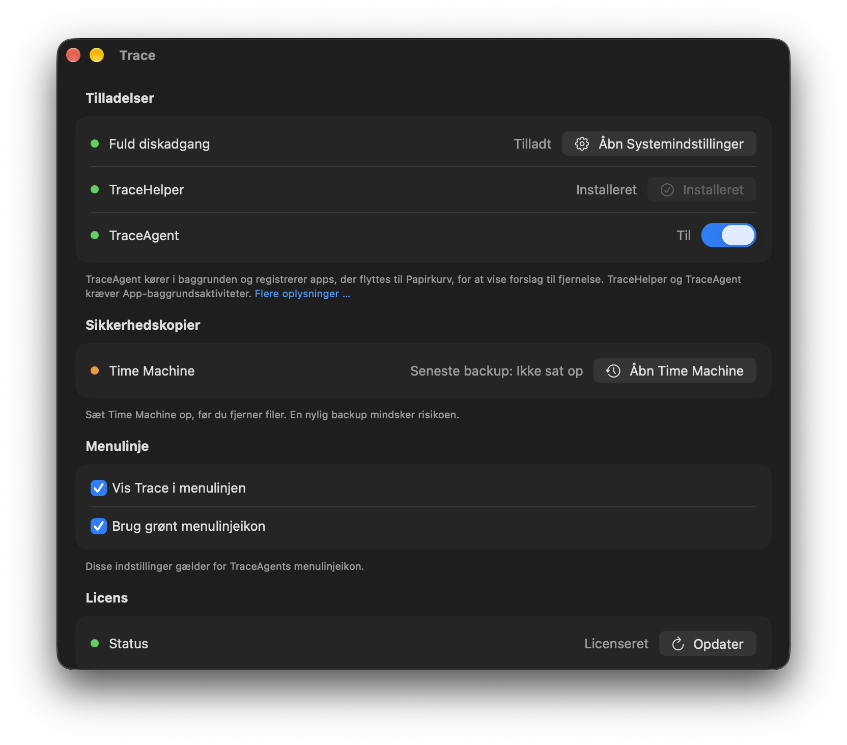 Trace-indstillinger med status for Time Machine