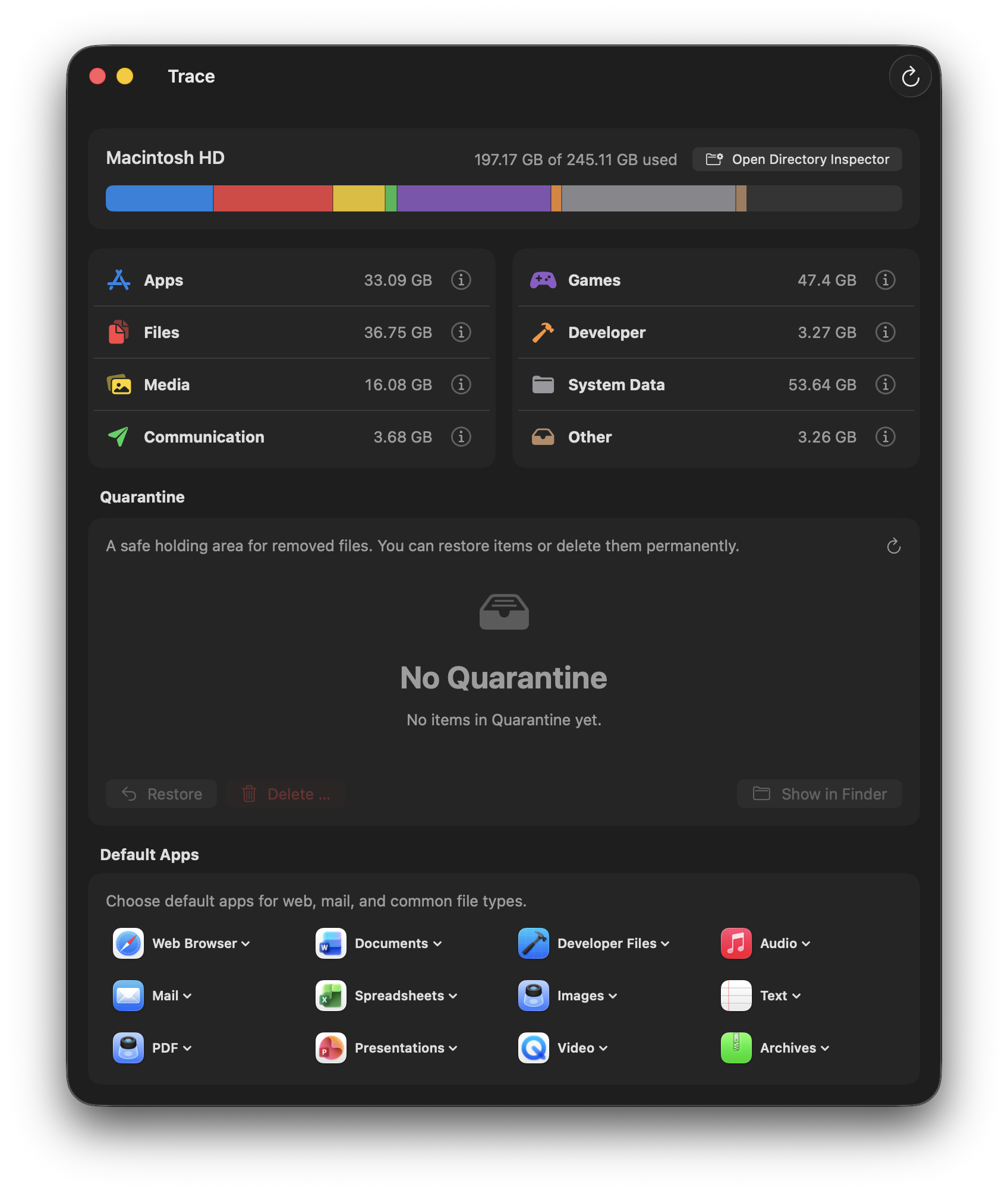 Trace storage dashboard (storage analysis)