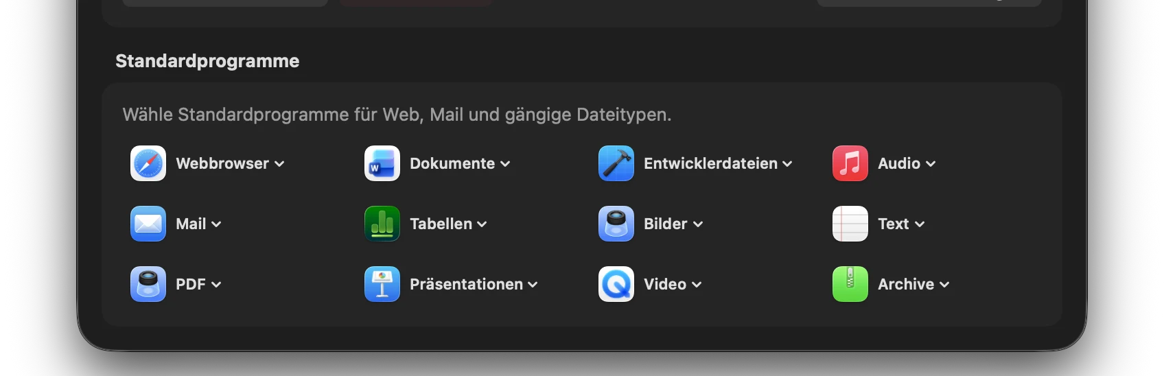 Screenshot: Dashboard-Optionen für Standardprogramme