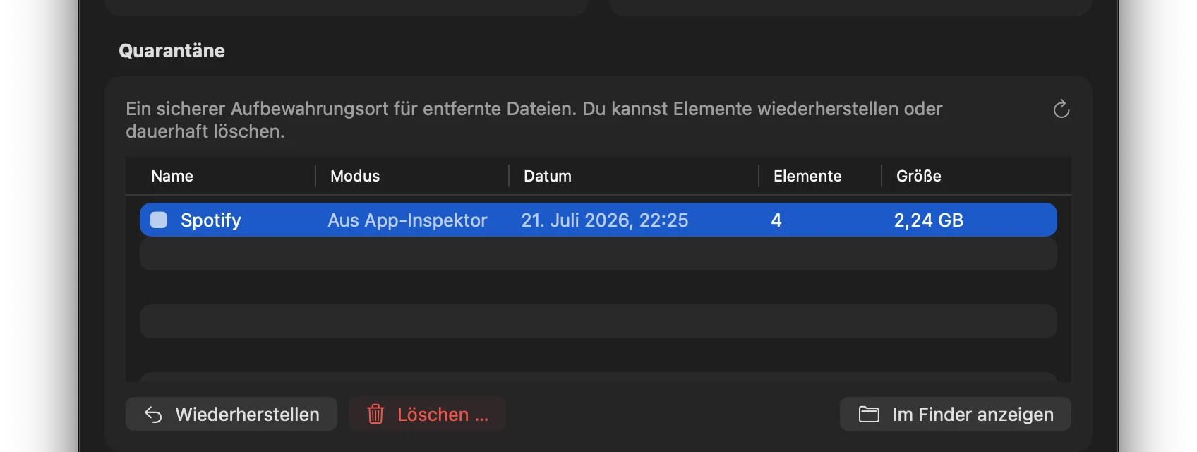 Screenshot: Dashboard mit Quarantäne-Eintrag