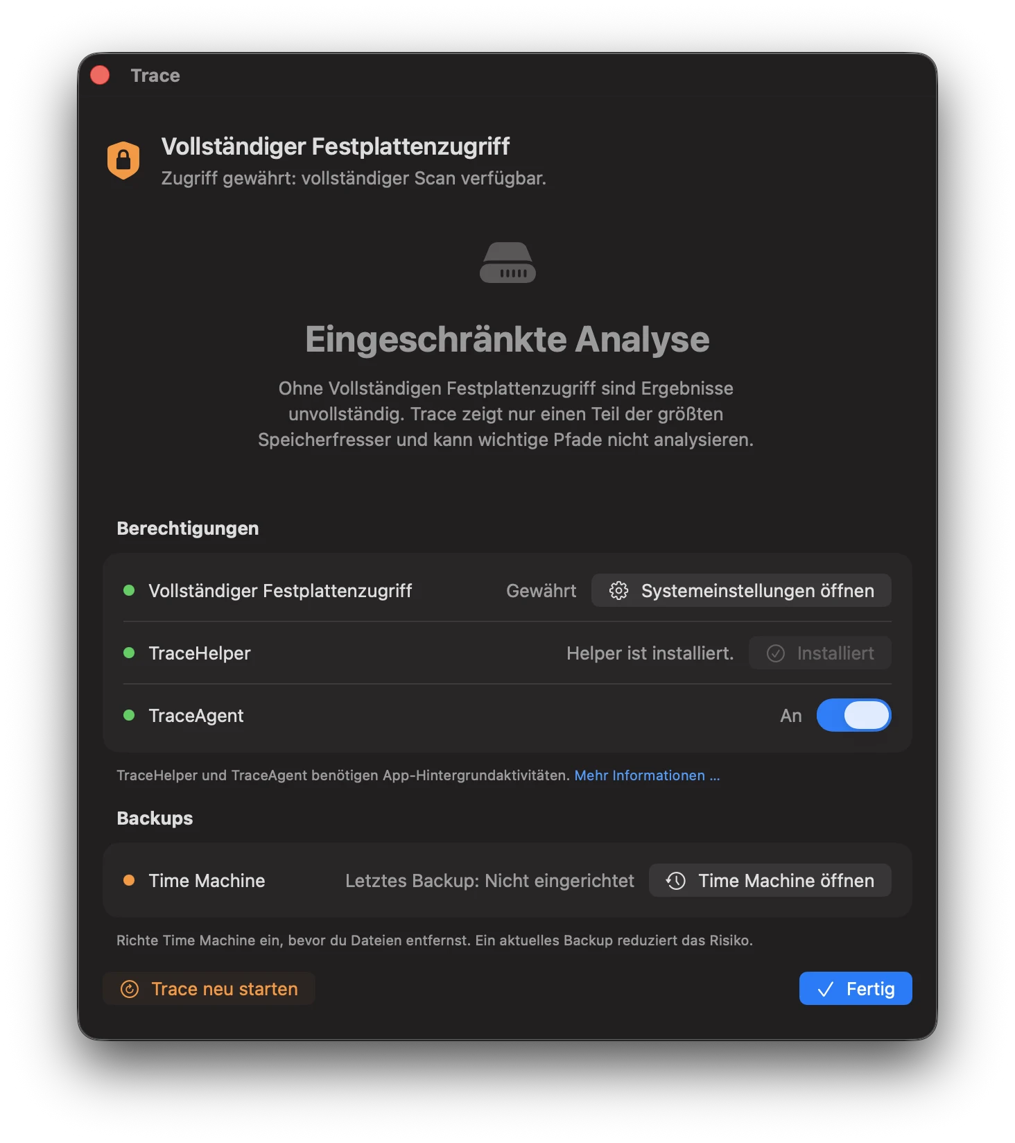Screenshot: Festplattenvollzugriff, TraceHelper und TraceAgent aktiv.