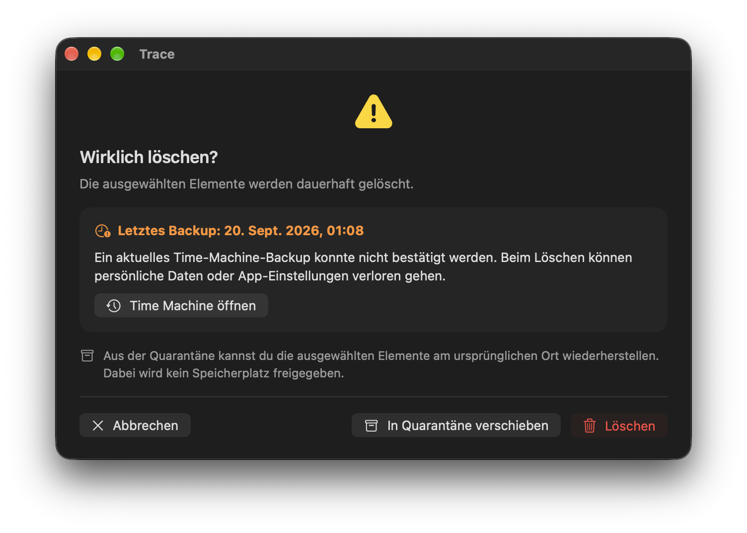 Warnung bei einem älteren Time-Machine-Backup