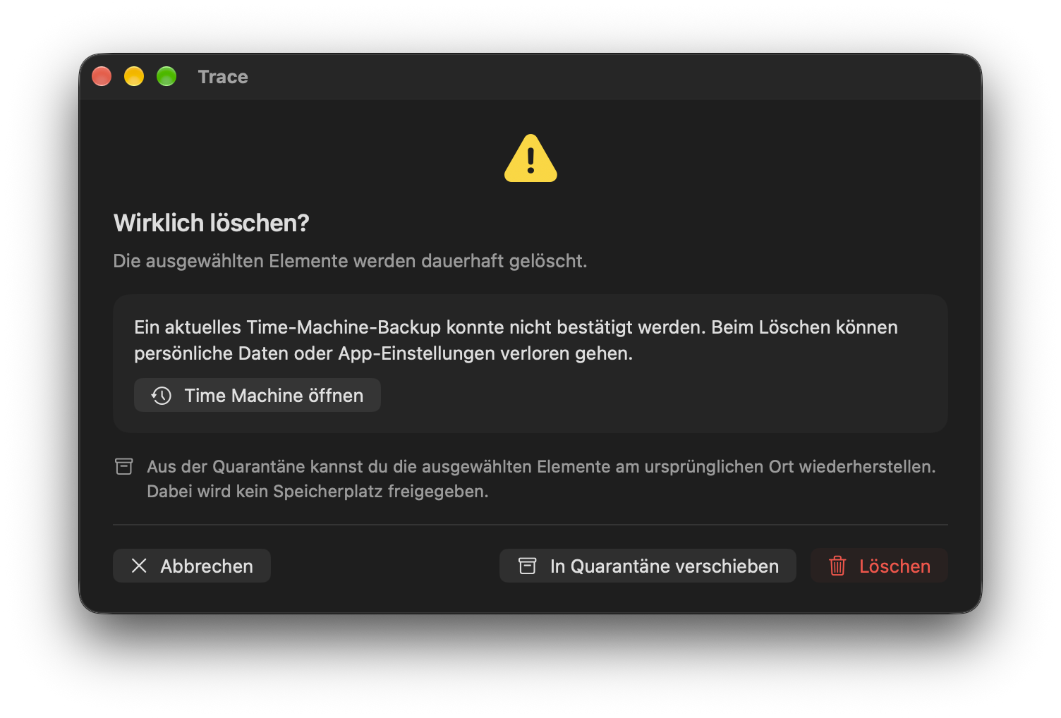 Warnung ohne bestätigtes aktuelles Backup