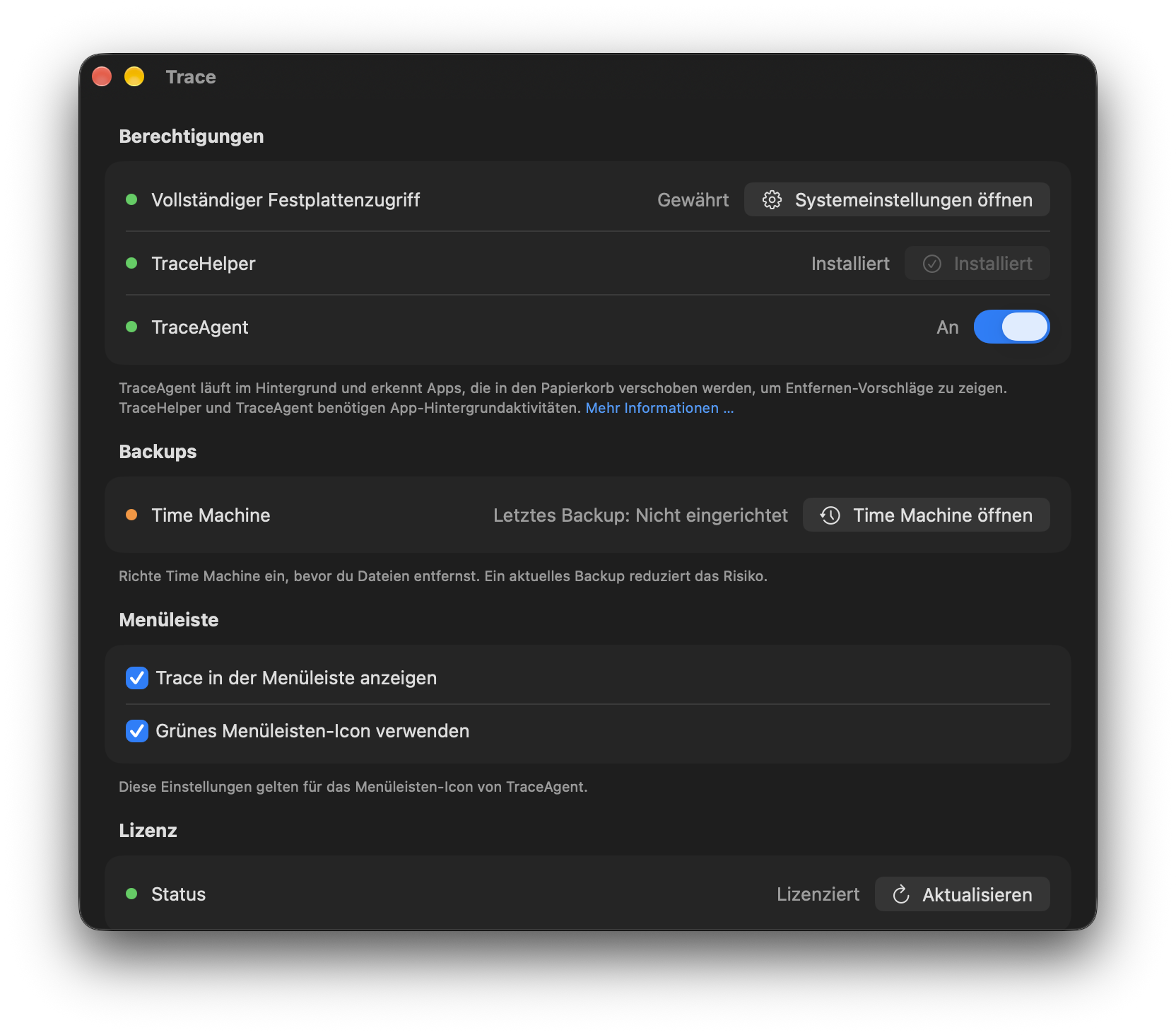 Trace-Einstellungen mit Time-Machine-Status