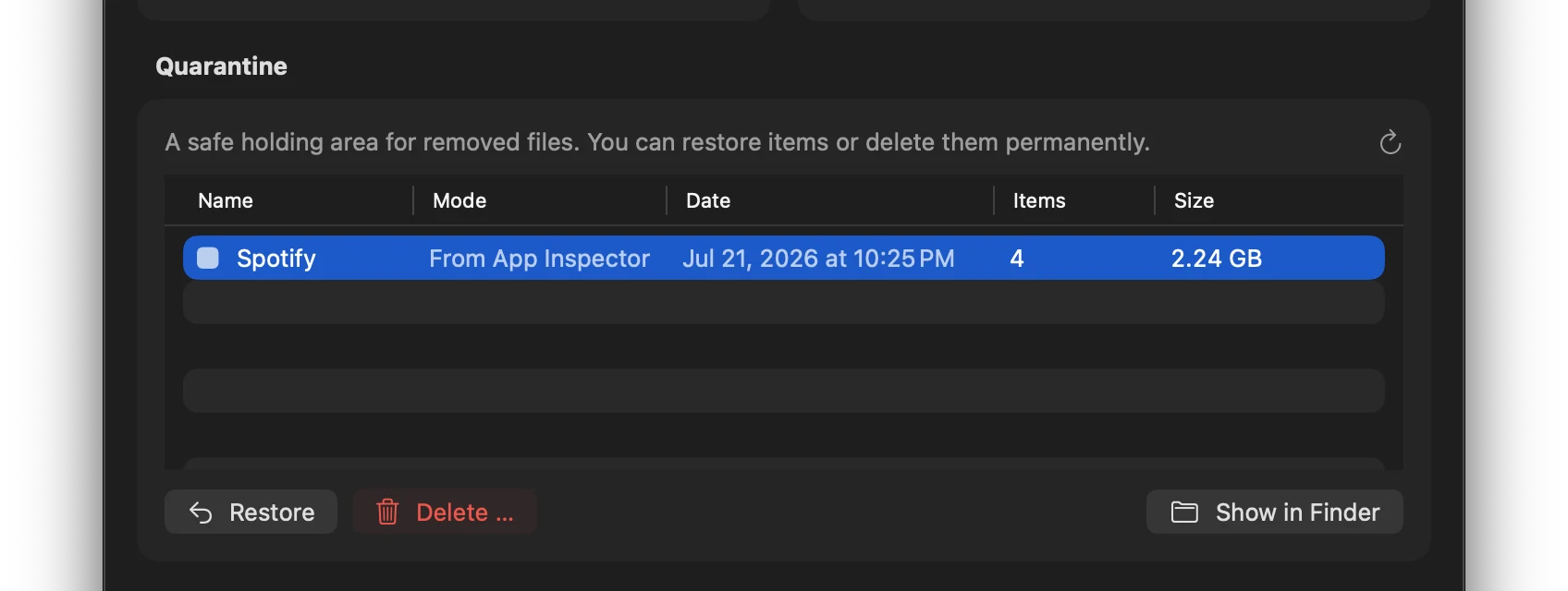 Screenshot: Dashboard with quarantine item