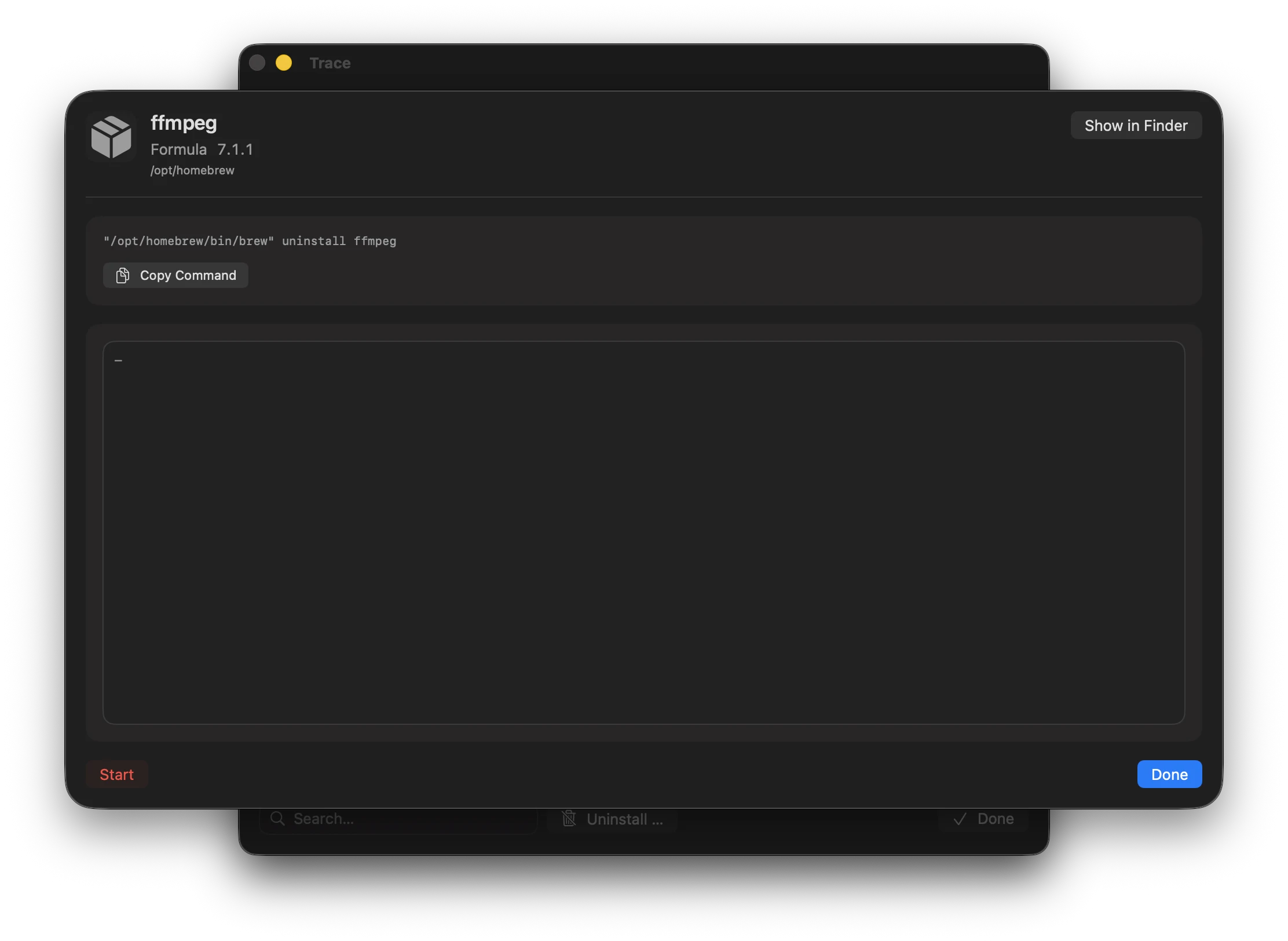 Screenshot: Homebrew uninstall dialog
