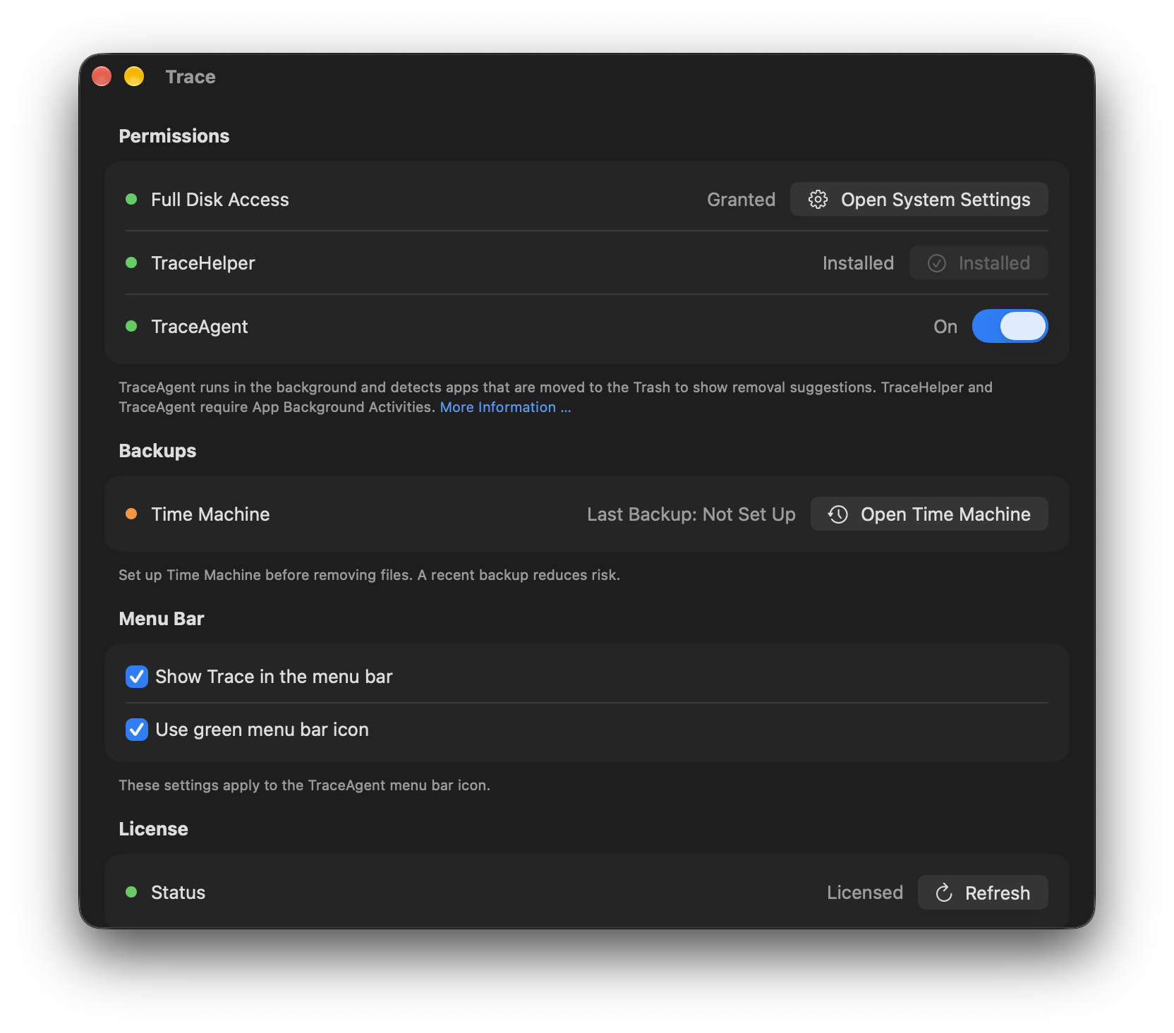 Trace settings with Time Machine status