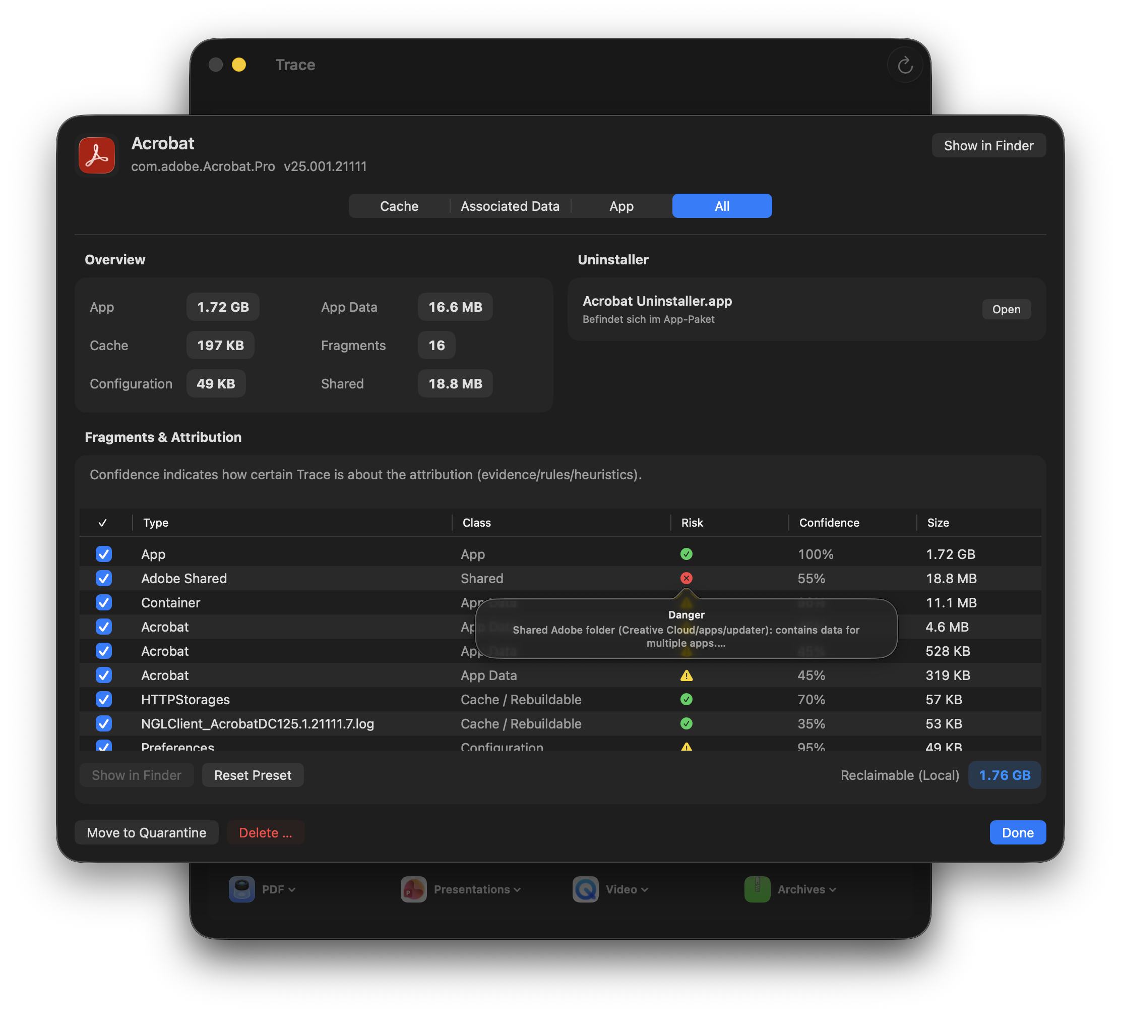 Screenshot: App-Inspektor mit Evidence