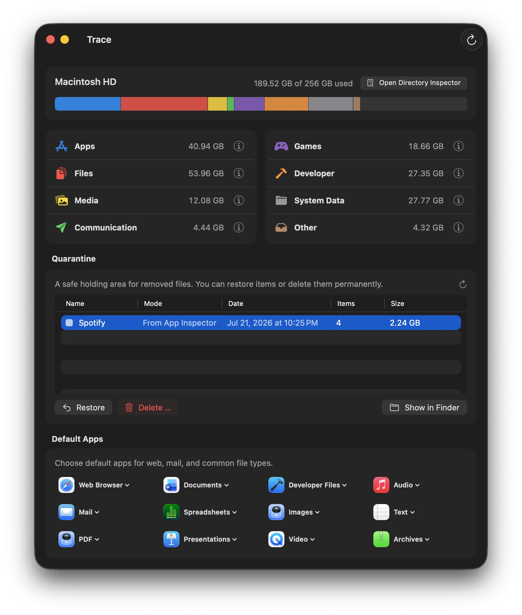 Trace storage dashboard for macOS