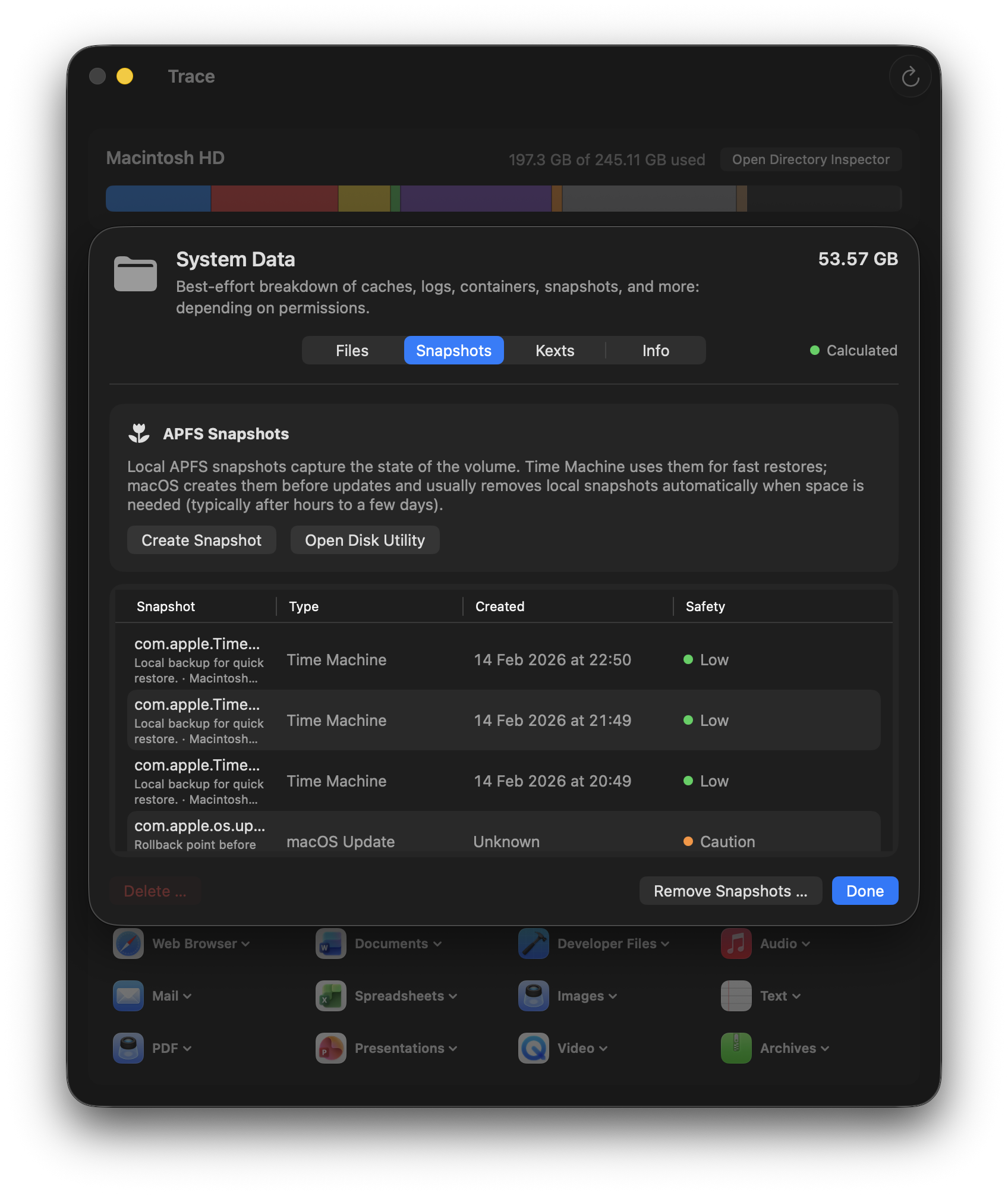 Screenshot: Systemdaten mit Snapshots