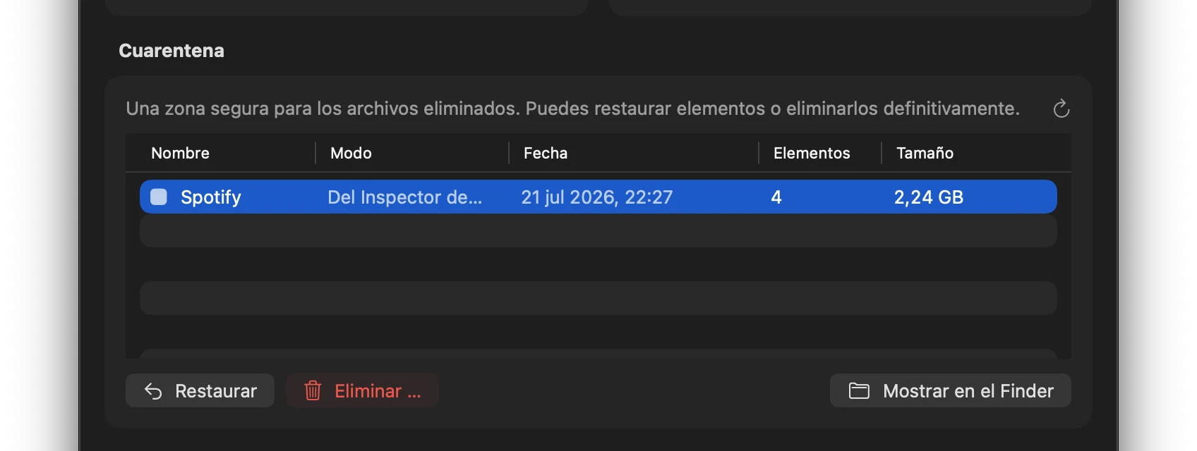 Screenshot: Panel con elemento en cuarentena