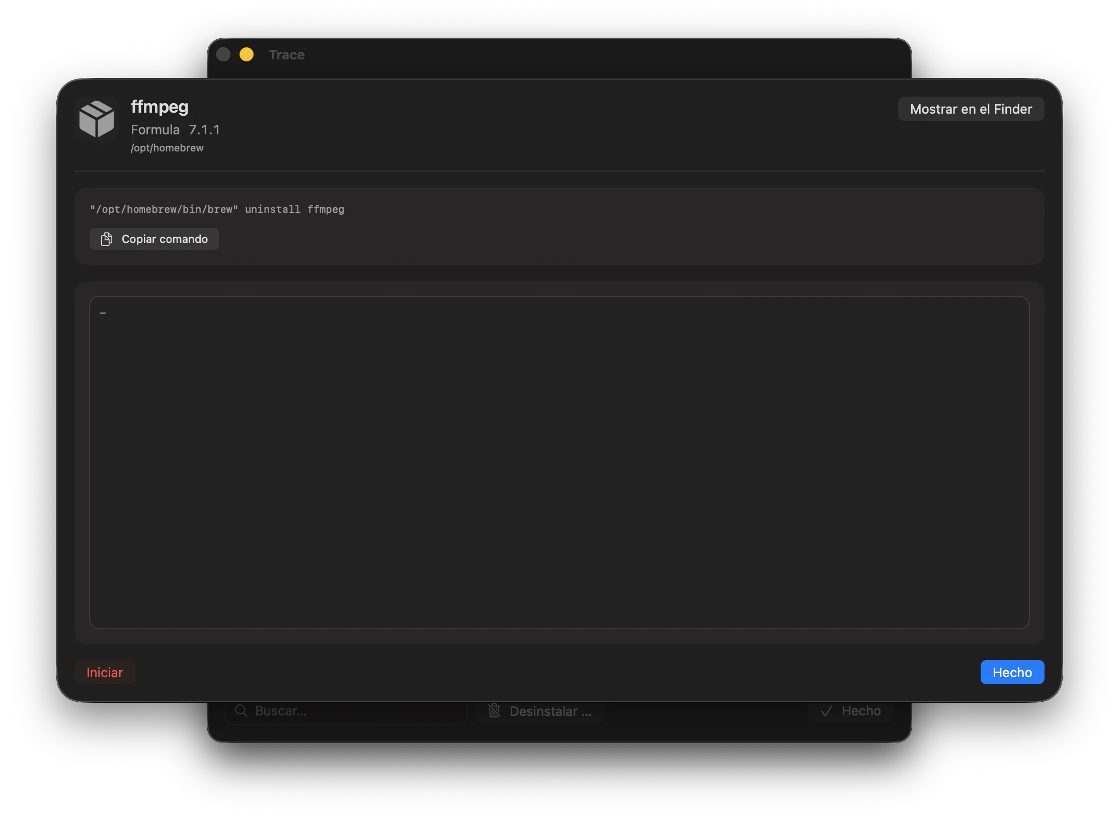 Screenshot: Diálogo de desinstalación de Homebrew