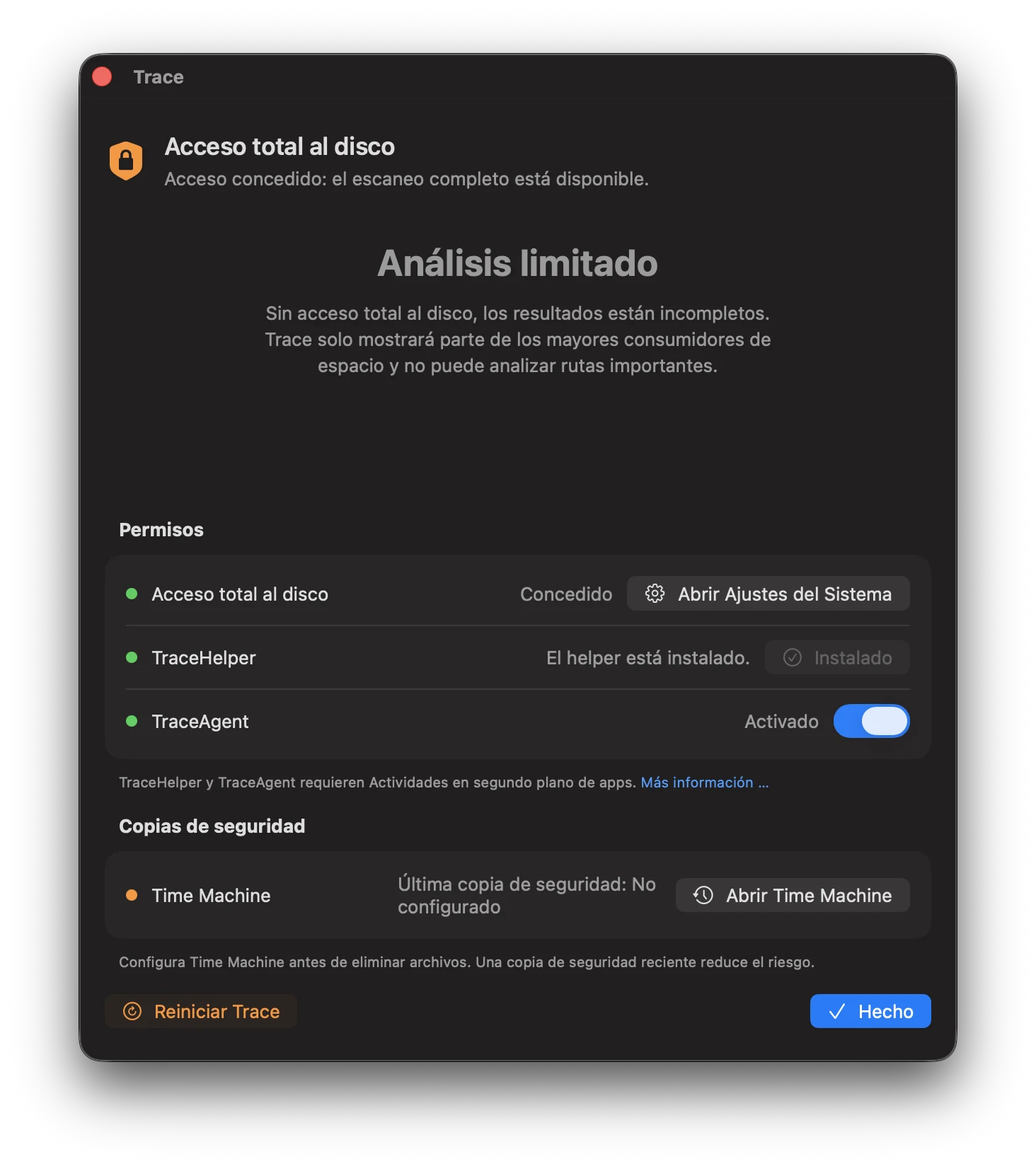 Captura: Acceso total al disco, TraceHelper y TraceAgent activos.