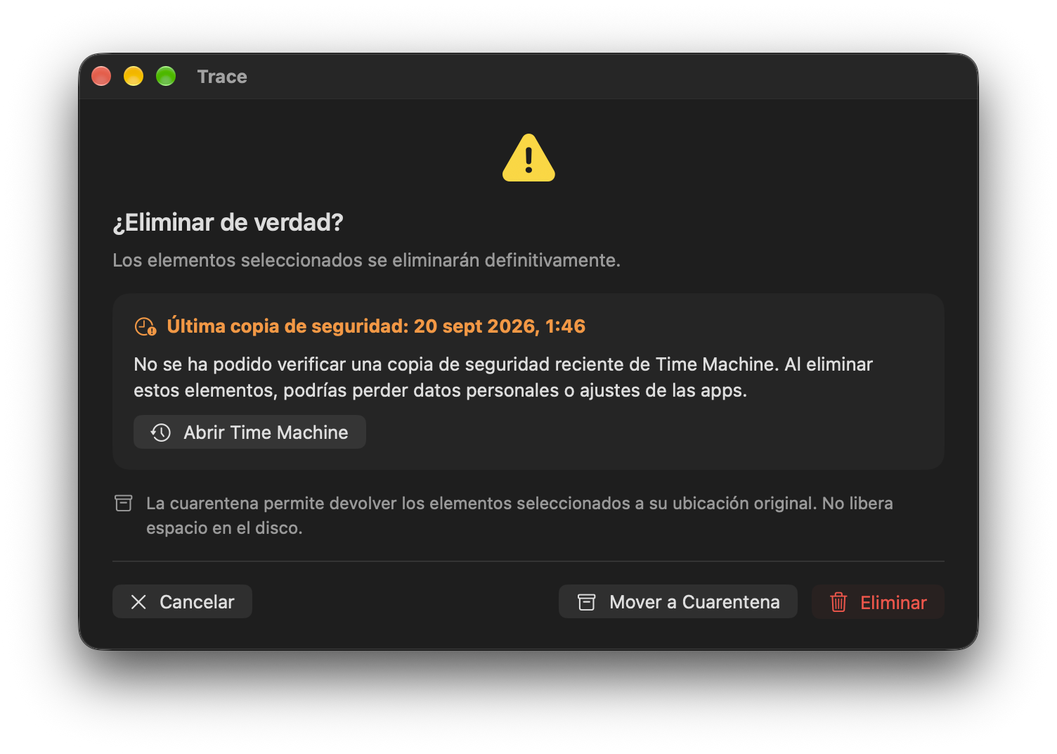 Aviso cuando la copia de Time Machine es antigua