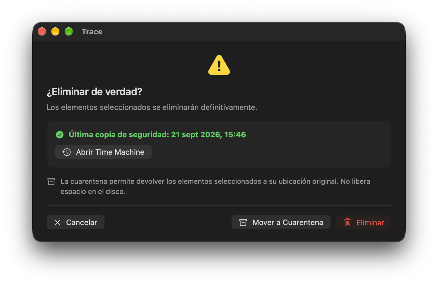 Confirmación con una copia reciente de Time Machine