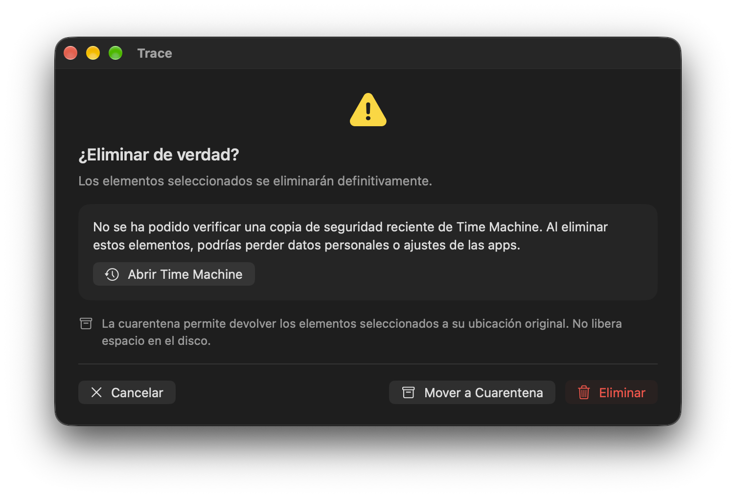 Aviso cuando no se puede confirmar una copia reciente