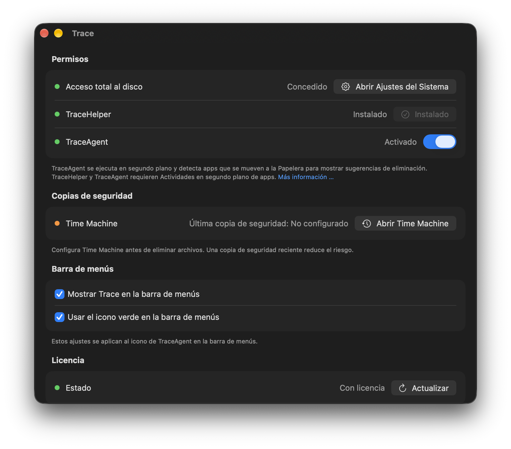 Ajustes de Trace con el estado de Time Machine