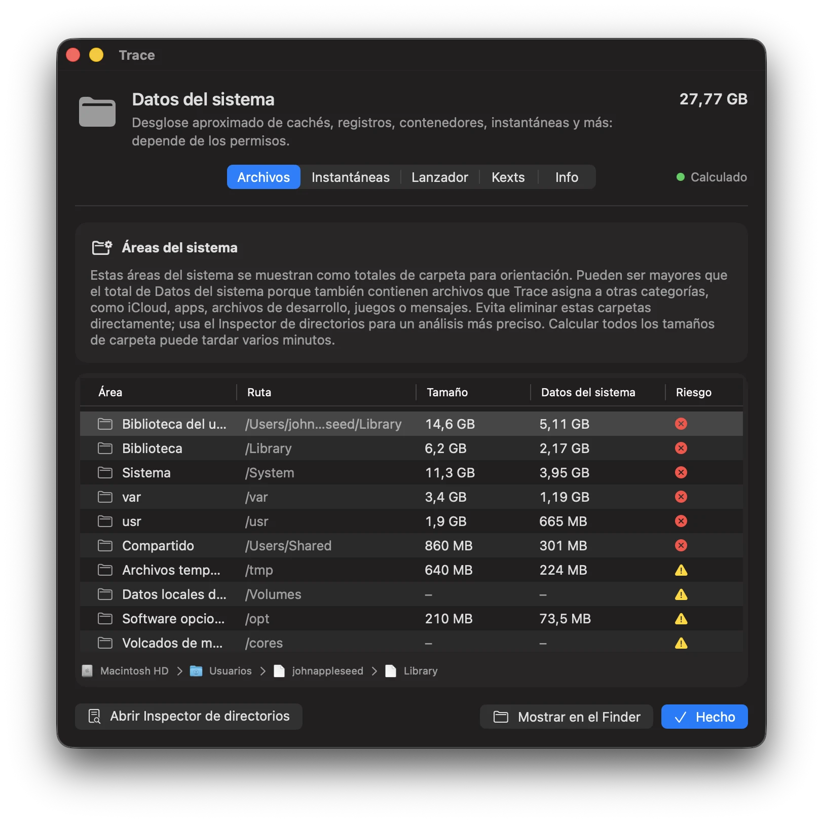 Datos del sistema de macOS desglosados