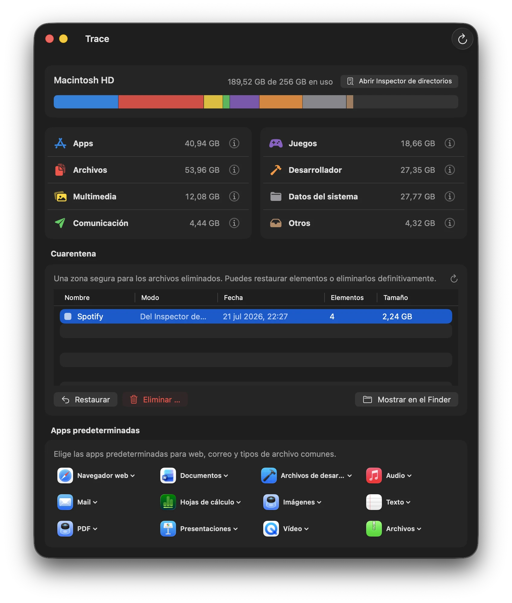 Panel de almacenamiento de Trace para macOS