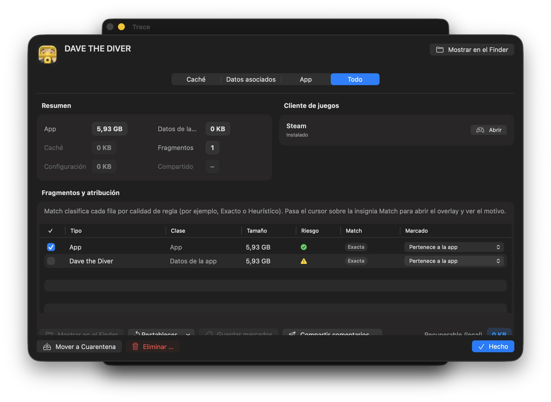 Captura: Inspector de juegos con detalles de Match