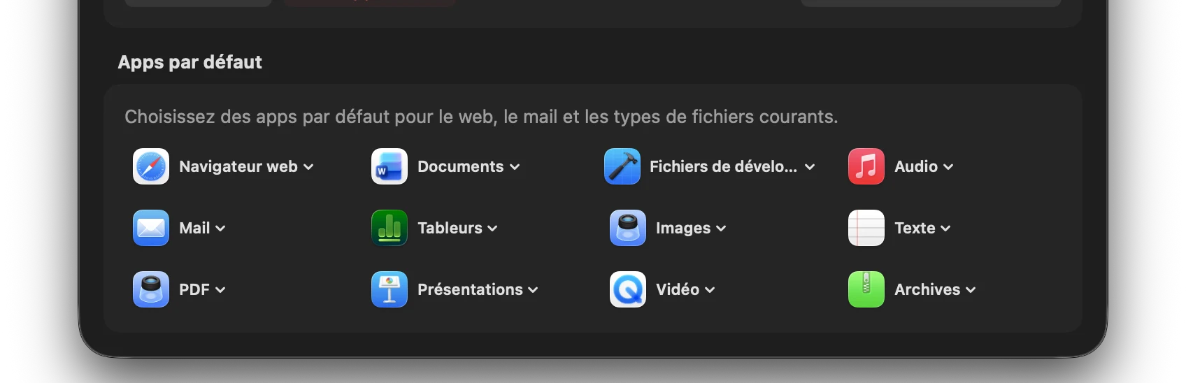 Capture: Options d’apps par défaut du tableau de bord