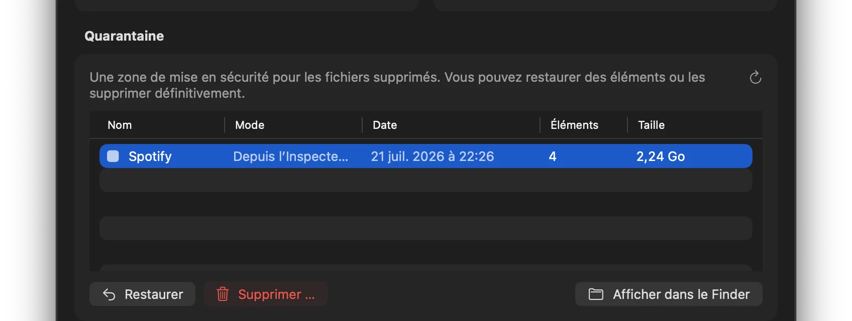 Capture: Tableau de bord avec élément en quarantaine