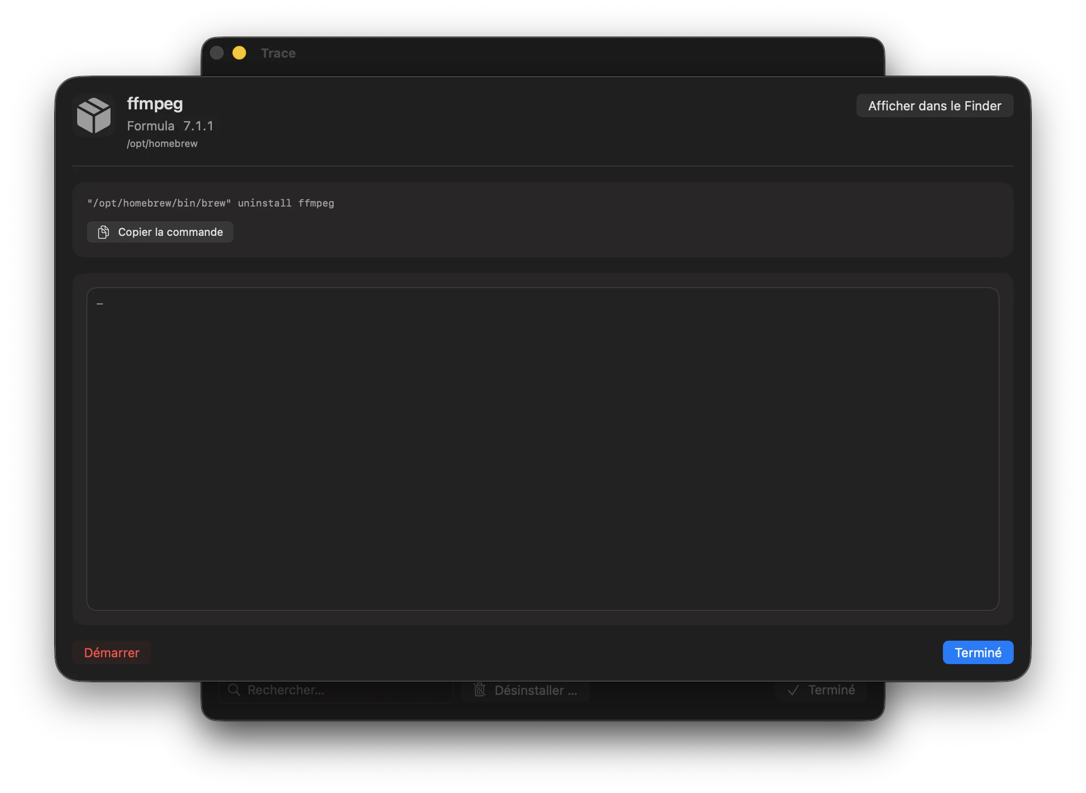 Capture: Boîte de dialogue de désinstallation Homebrew