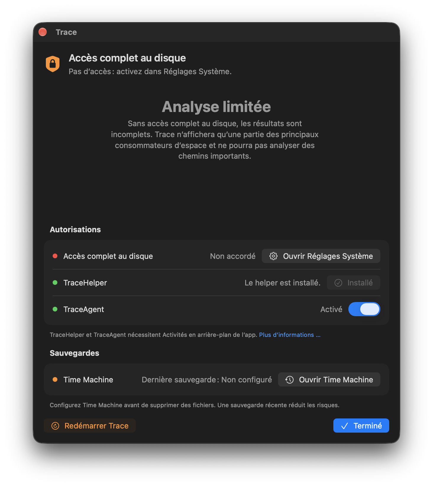 Autorisations sans accès complet au disque