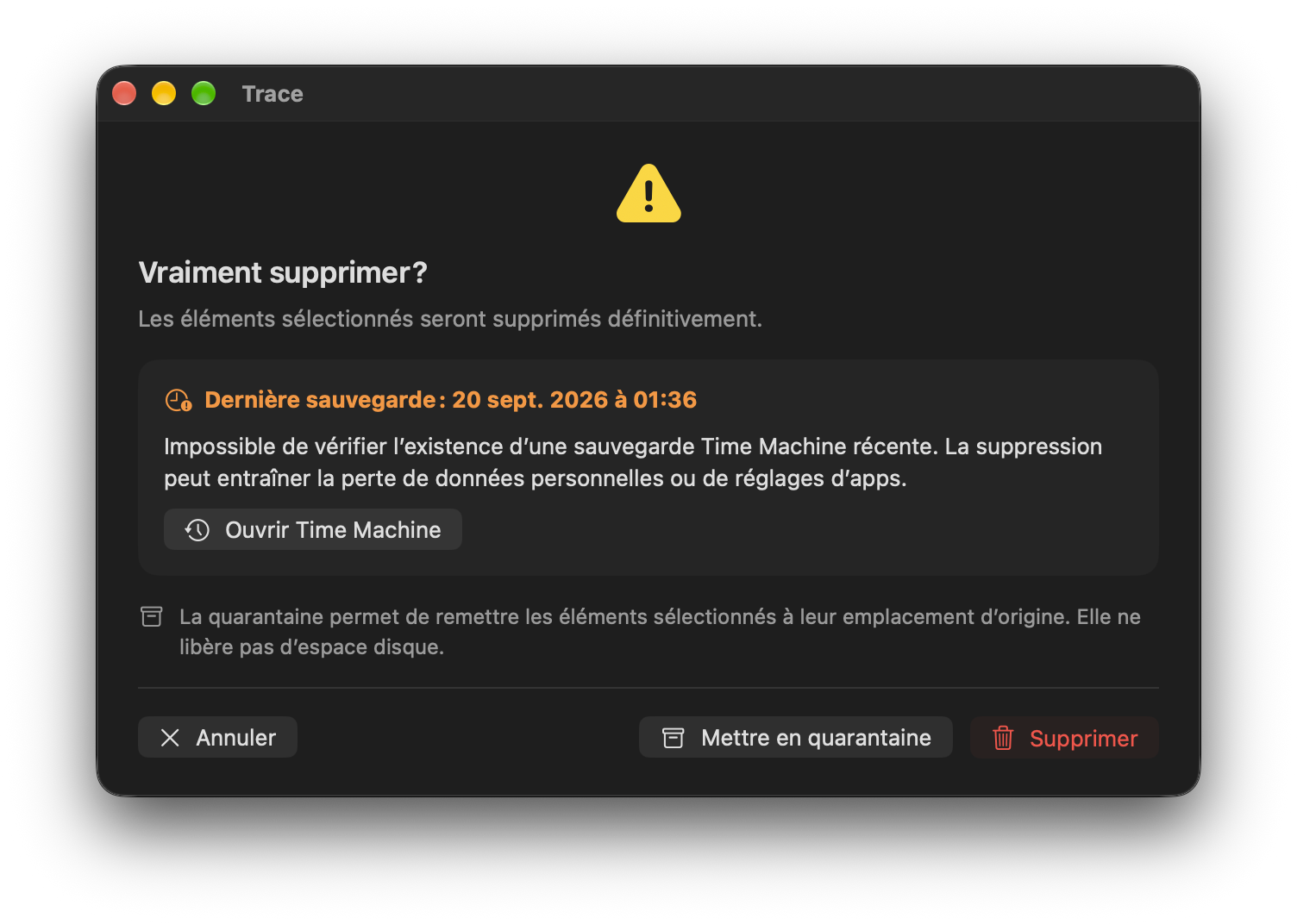 Avertissement lorsque la sauvegarde Time Machine est trop ancienne