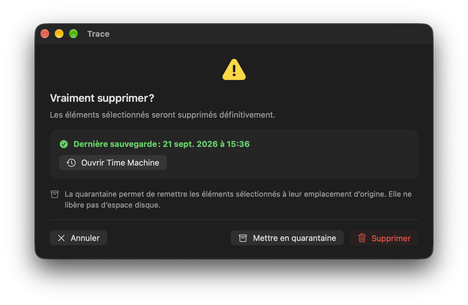 Confirmation avec une sauvegarde Time Machine récente