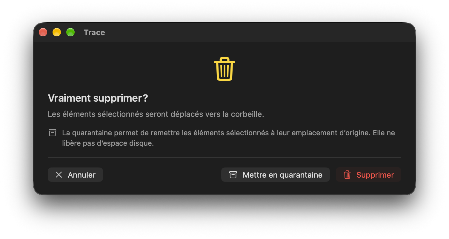 Confirmation avant le déplacement dans la corbeille