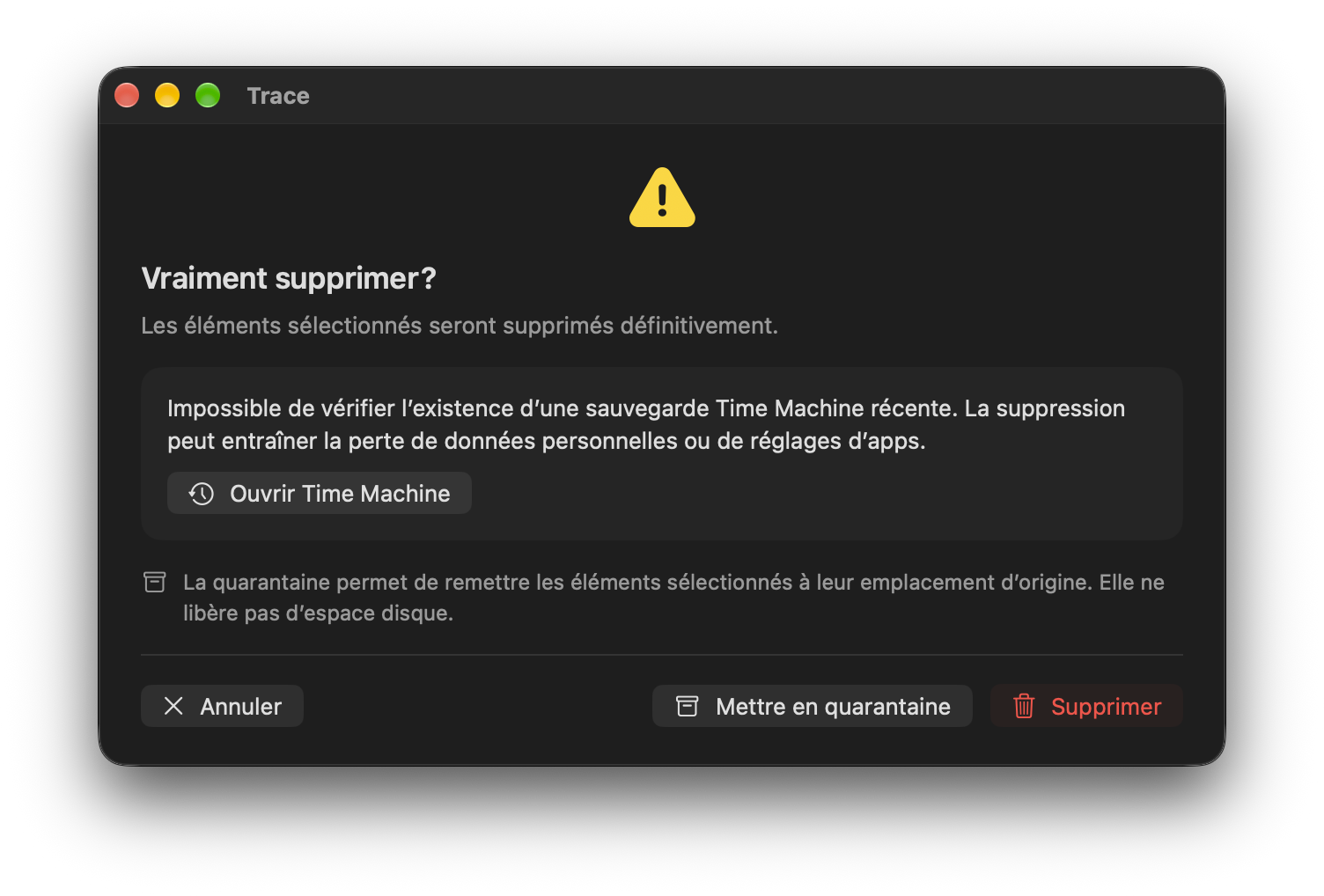 Avertissement lorsqu’une sauvegarde récente ne peut être confirmée
