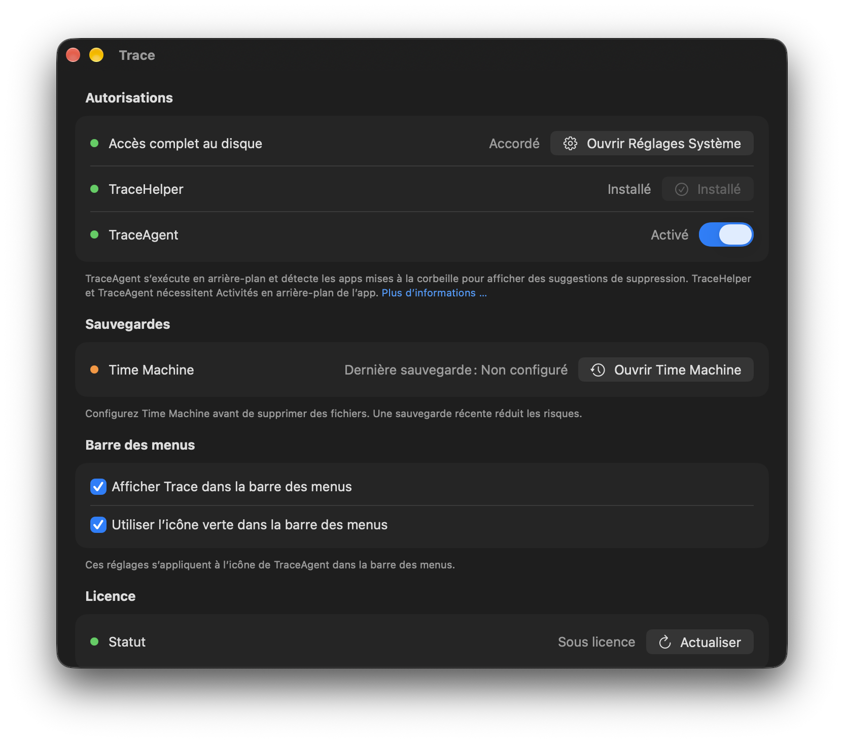 Réglages de Trace avec l’état de Time Machine