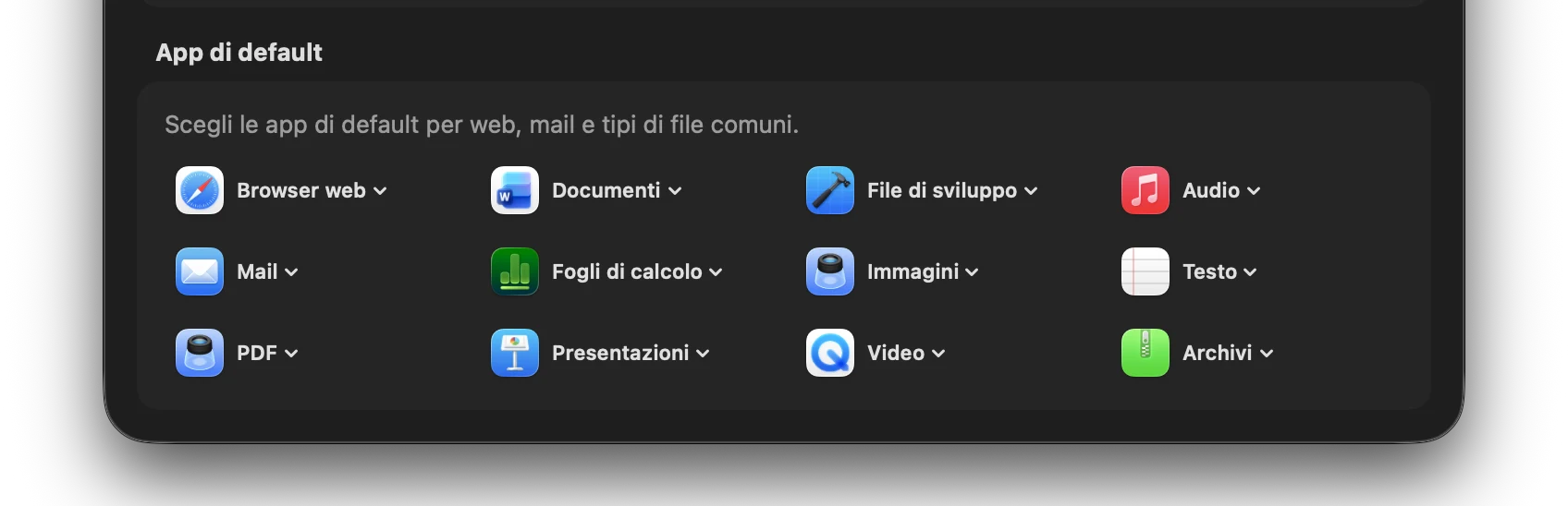 Screenshot: Opzioni app predefinite nel dashboard