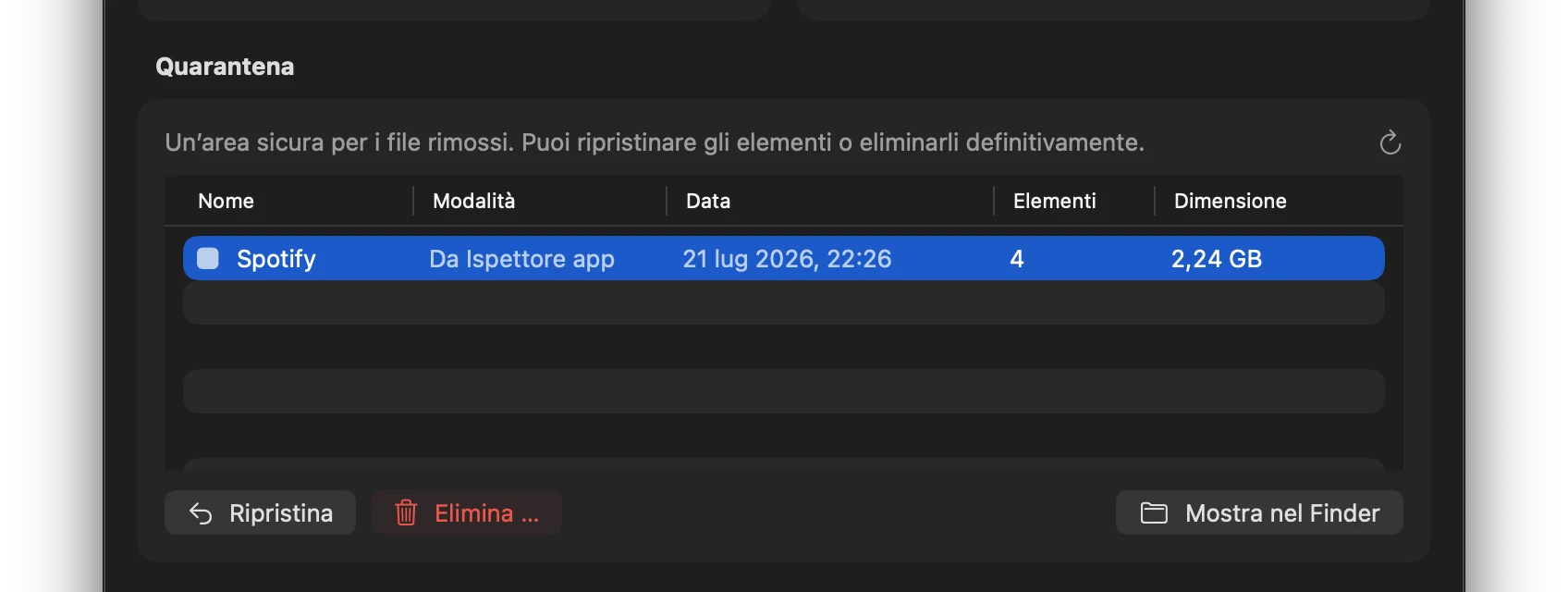 Screenshot: Dashboard con elemento in quarantena