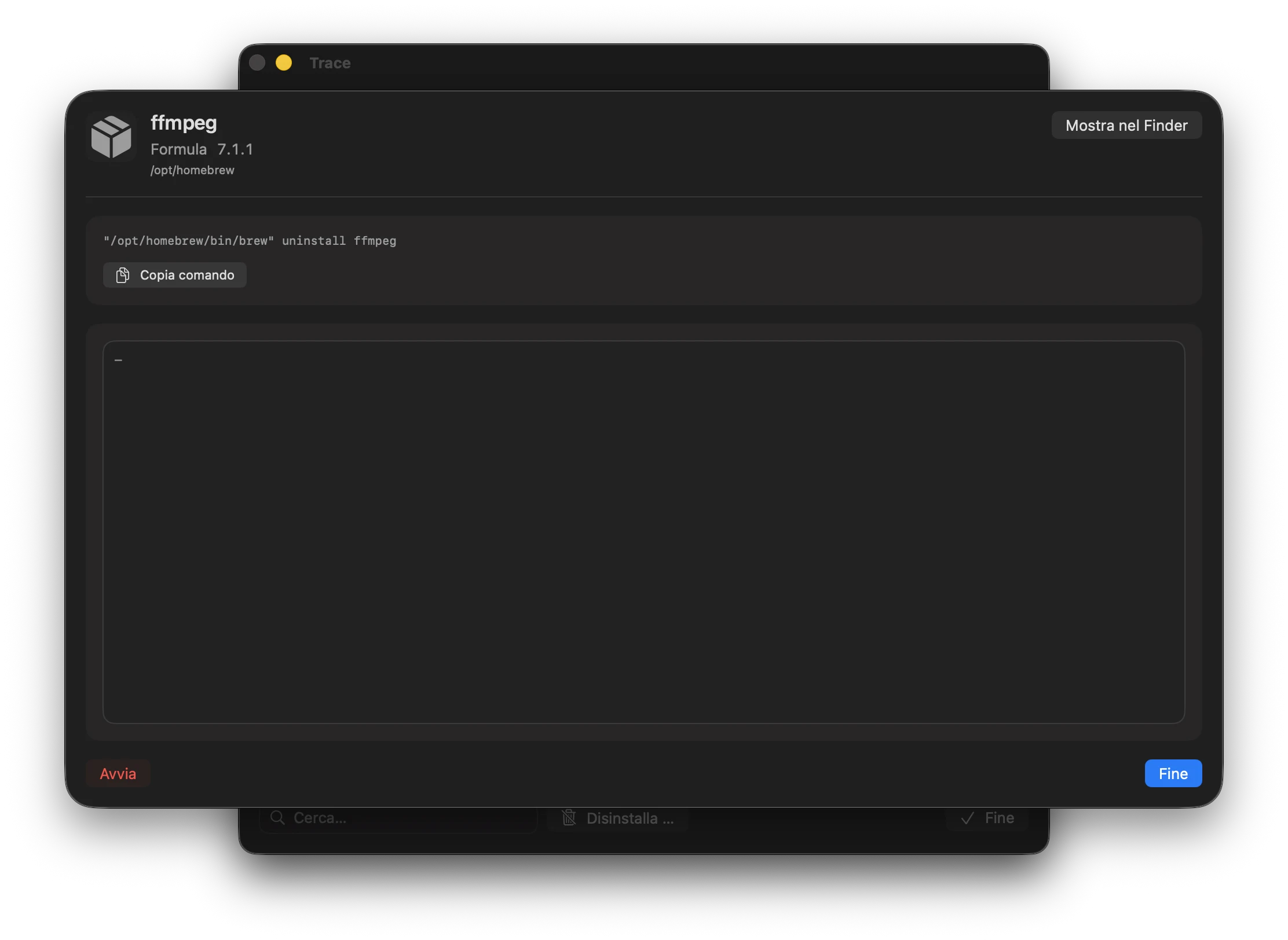 Screenshot: Finestra di disinstallazione Homebrew