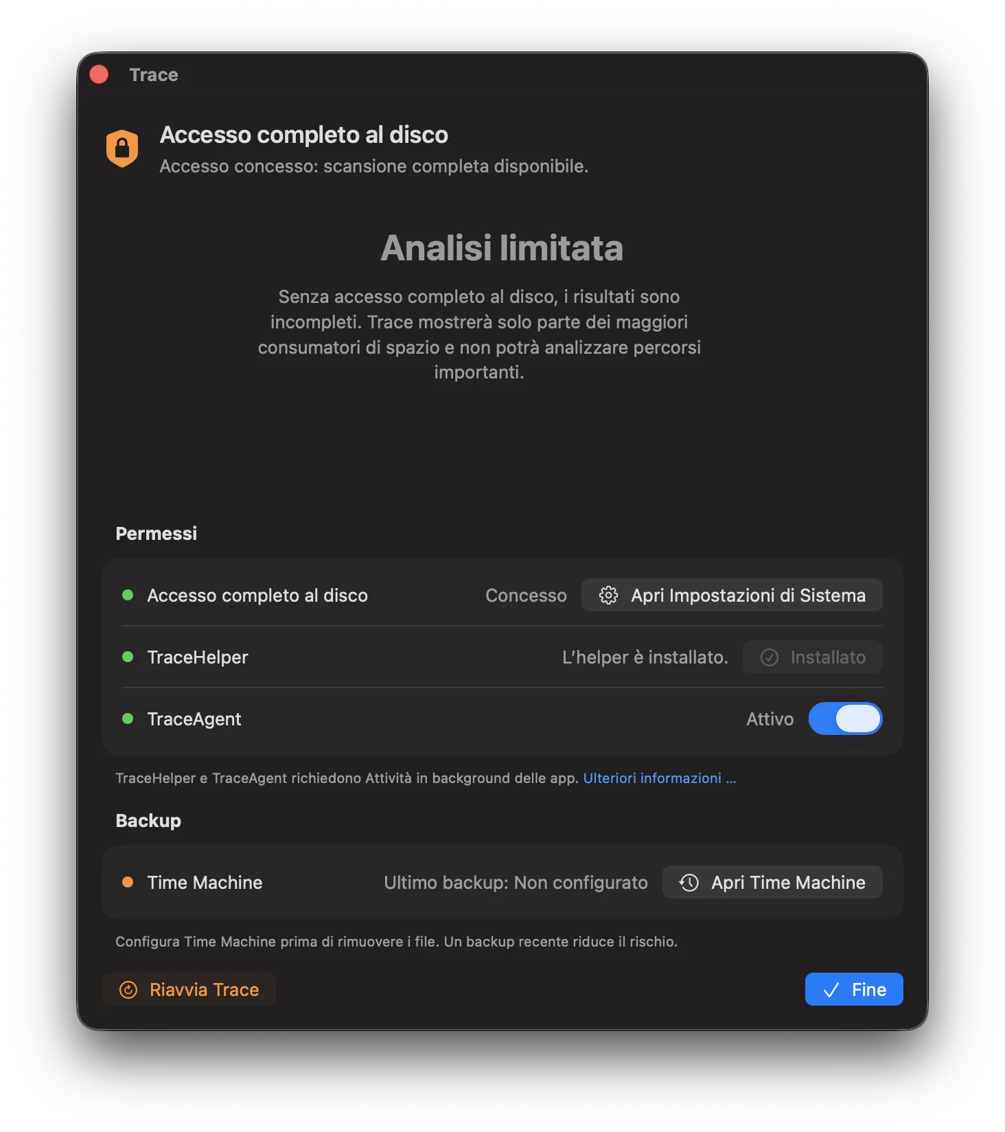 Screenshot: Analisi limitata senza accesso completo al disco