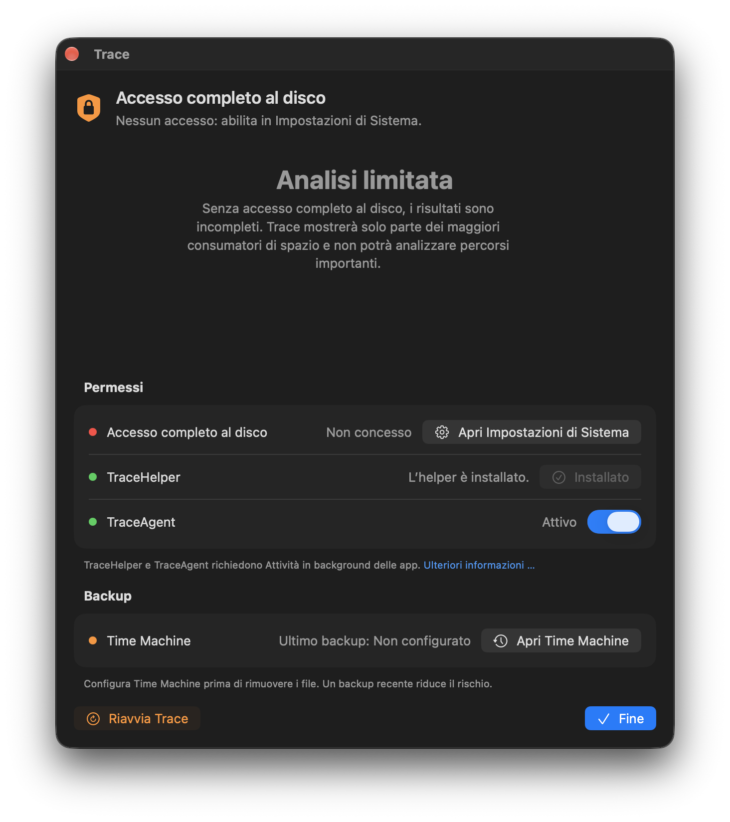 Autorizzazioni senza accesso completo al disco