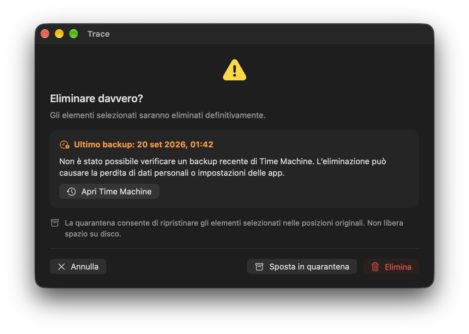 Avviso quando il backup di Time Machine è datato