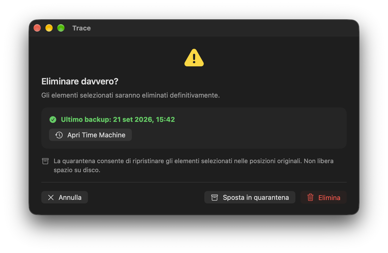Conferma con un backup recente di Time Machine