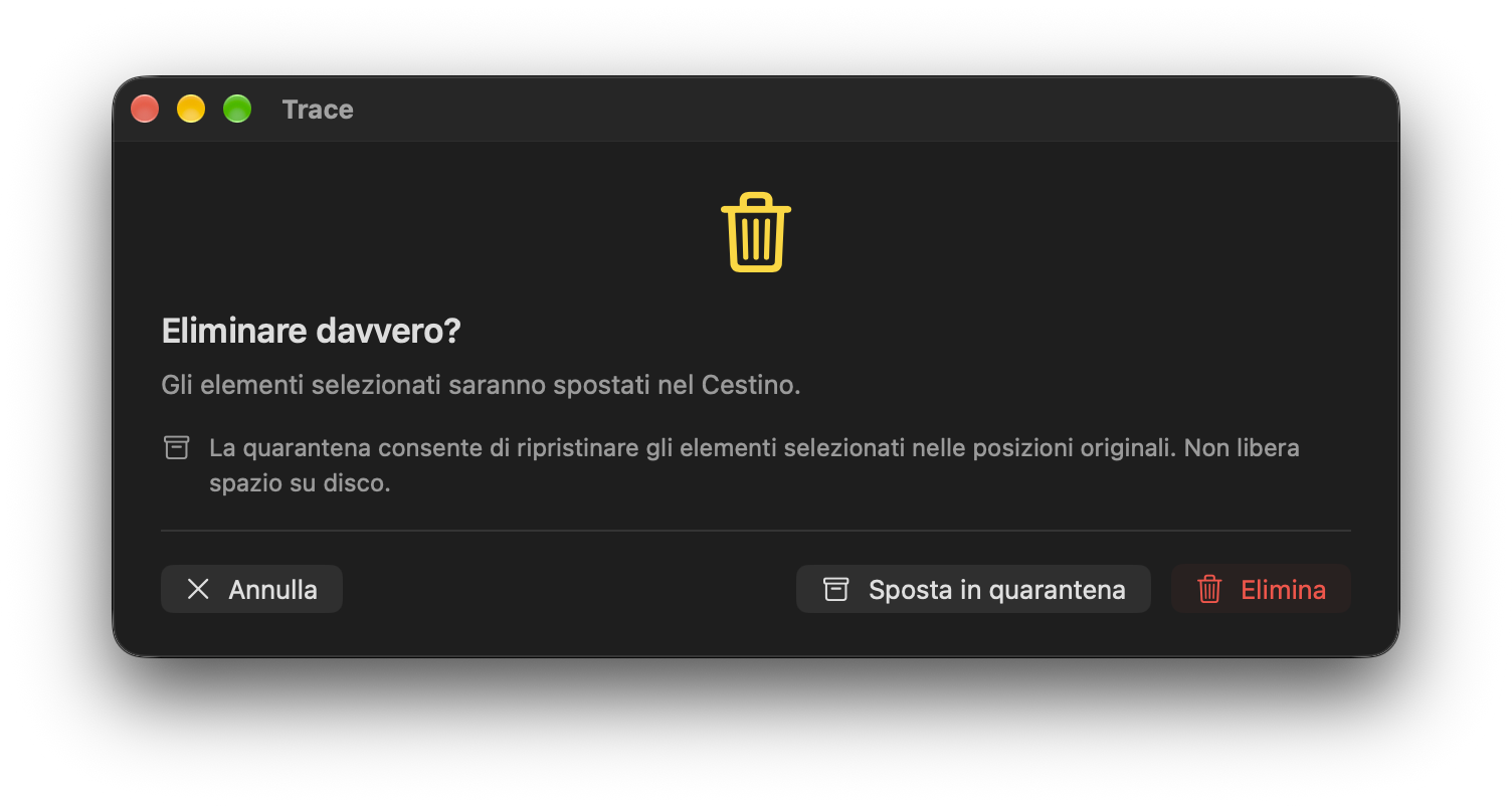 Conferma prima di spostare nel Cestino